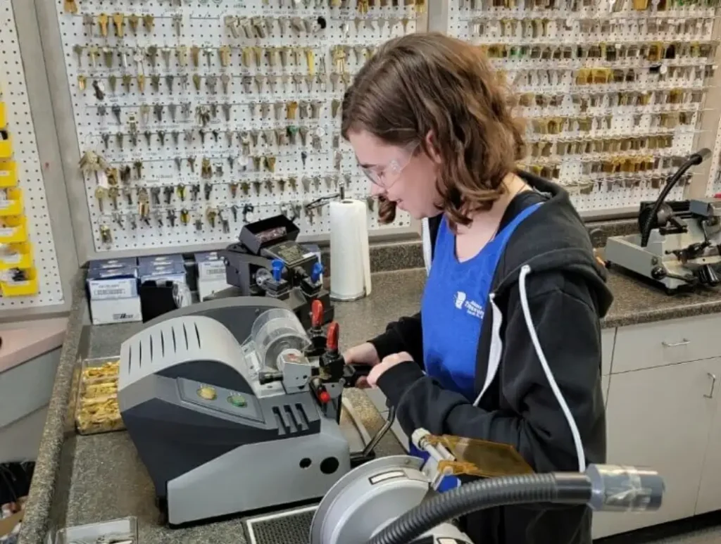 Locksmith shop interior with key displays